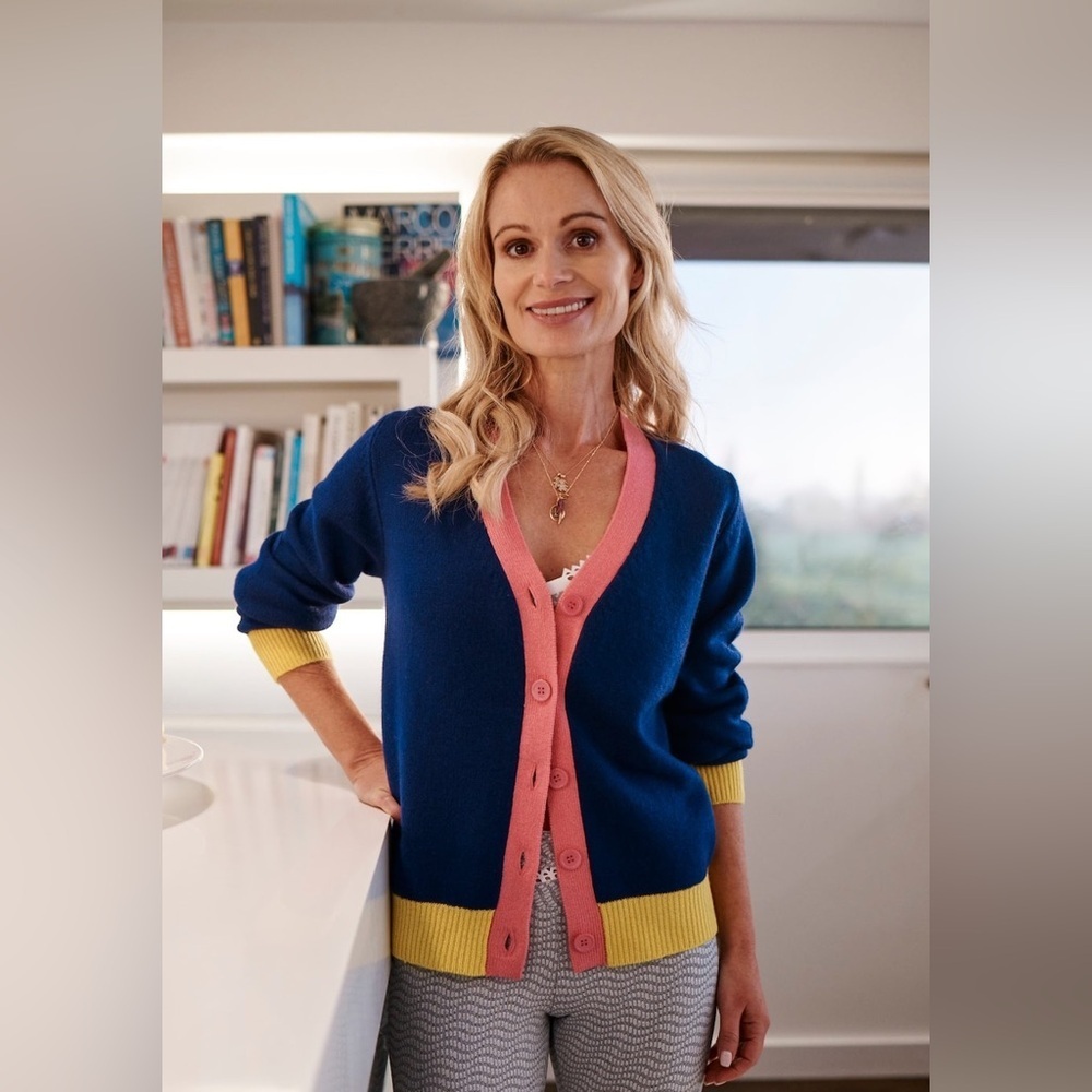 New! Jumper 1234 Contrast Cashmere Cardigan Color block Blue, Yellow Pink 🌼Large